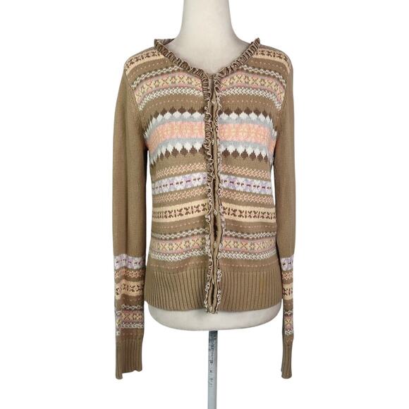 Vintage 90s Crazy Horse Tan Fair Isle Geometric Cardigan Sweater M - Picture 1 of 6